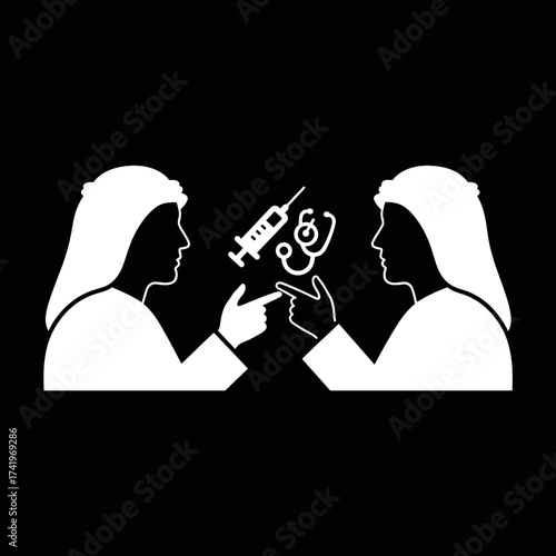 Two women discussing medical treatment with syringe and stethoscope.