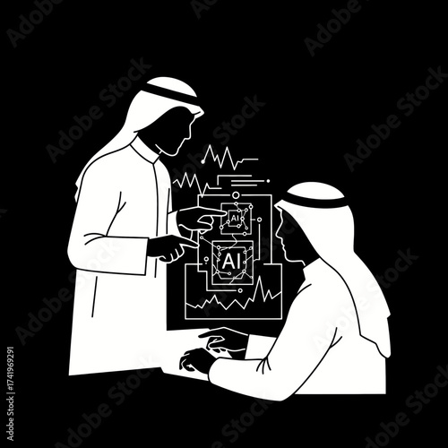 Two Arab men working on AI technology discussing and analyzing data on a computer screen.