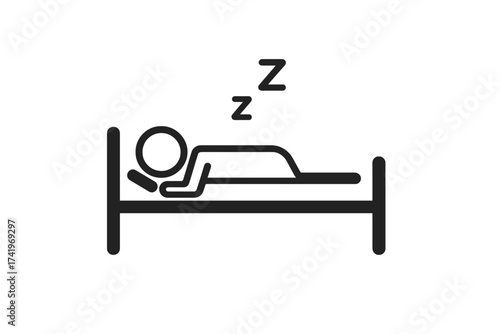 Stick figure sleeping in bed icon vector. Man resting, tired person concept. Simple pictogram for sleep, relax, bedtime, nap, dream, health, insomnia, hotel sign.