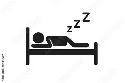 Stick figure sleeping in bed icon. Man resting in bedroom pictogram. Sleep symbol for hotel, motel or hostel. Person napping, tired or dreaming. Simple flat vector illustration.