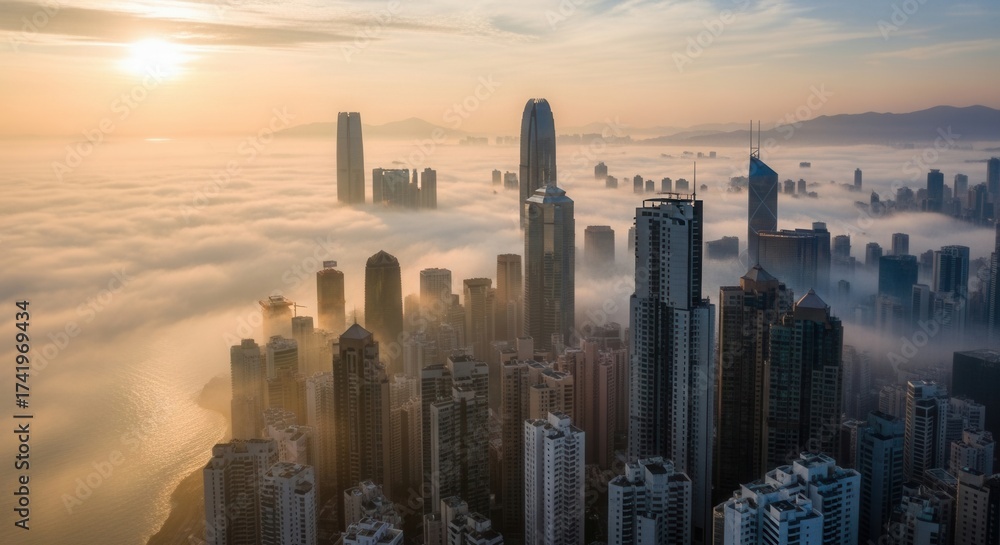 Obraz premium Urban panorama at dawn towering buildings pierce a dense cloud layer bathed in golden light Distant mountains and water visible