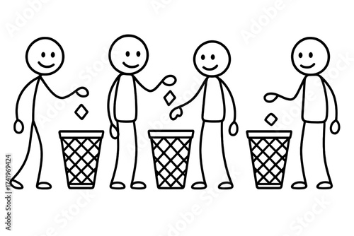 Stick figure throwing trash in a bin vector set. Stickman character disposing garbage in a basket. Concept of cleaning, recycling, and waste management. Doodle illustration.