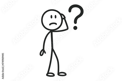 Confused stickman with a big question mark. Character thinking about a problem or having a doubt. Concept of choice, help, and needing a solution. Psychology symbol vector.
