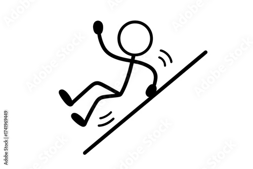 Stickman figure sliding down a slope fast. Simple vector icon. Fun, motion, speed concept. Metaphor for downhill, decline, crisis, failure, falling, risk, or playground fun.