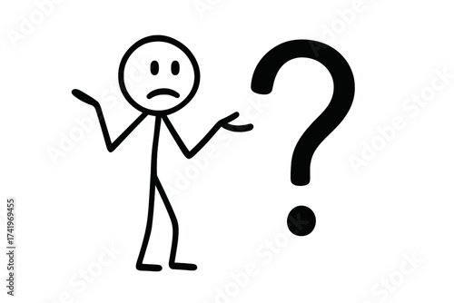 Confused stickman with question mark. Shrugging person character icon. Concept of doubt, uncertainty, problem, searching for answers. I don't know gesture. FAQ help symbol.