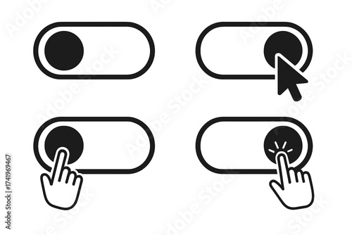 Switch button icon vector set. On and off toggle for user interface. Click on toggle with cursor and hand symbol. Enable disable options pictogram for app and web design.