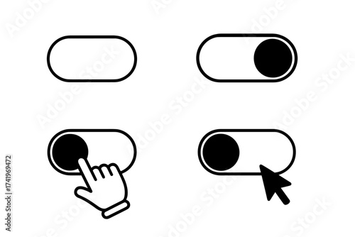 Switch button icon set. On and off toggle slider for user interface design. Hand and mouse cursor clicking control panel button. Enable disable symbol for web. Vector.