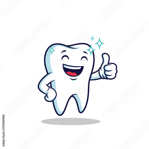 A happy cartoon tooth giving a thumbs up with sparkles around it.
