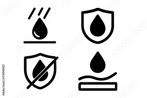 Waterproof icon set. Water resistant, impermeable, and hydrophobic symbols collection. Rain and liquid protection vector pictogram. Water drop on shield sign for fabric material.