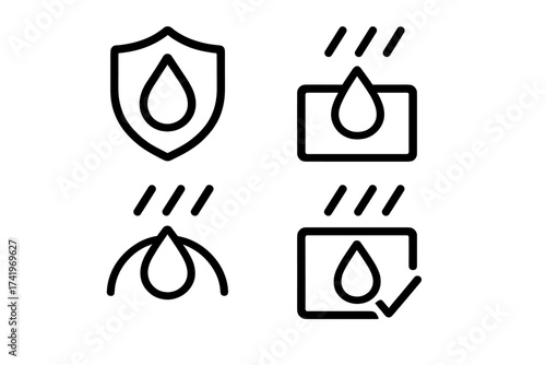 Waterproof icon set. Water resistant and repellent symbol collection. Impermeable material protection against liquid and rain. Drop on a shield. Vector line art illustration.