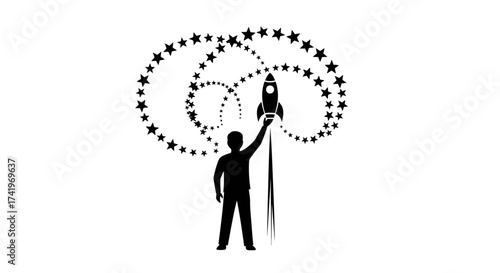 Silhouette of a person launching a rocket into a starry sky, symbolizing ambition and reaching for goals