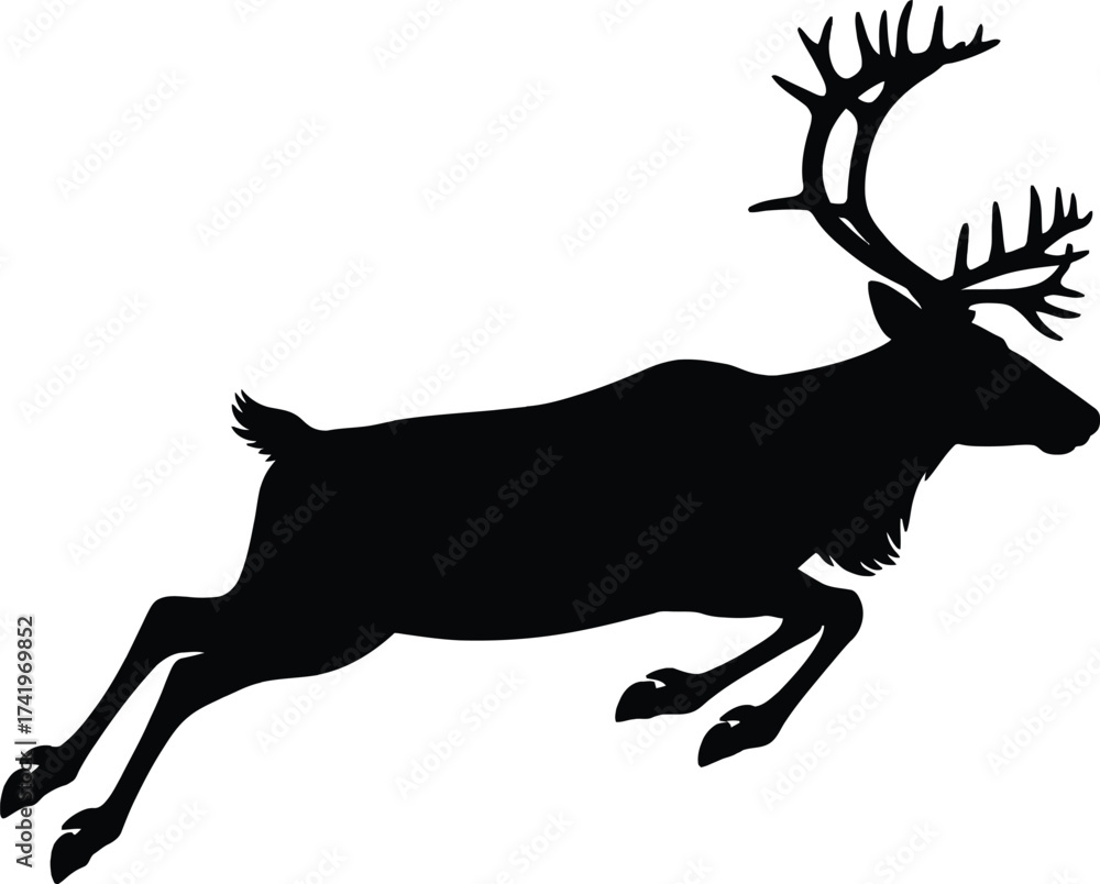 Obraz premium Majestic reindeer in mid leap a striking black silhouette on transparent background