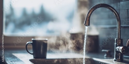 Steaming hot water pours from modern faucet into sink near coffee mug creating cozy morning atmosphere