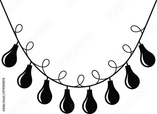 Black string lights illustration perfect for festive designs on transparent background silhouette
