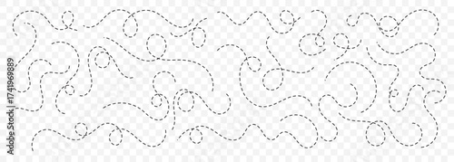 Dashed hand drawn squiggle loopy line vector. Dotted spiral curve line. Hand Sketched Curly Border. Abstract long squiggle dashed. Abstract Hand-Drawn Dotted Line Collection. EPS 10.