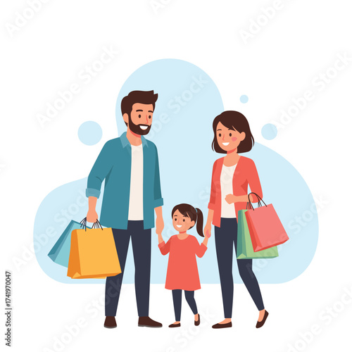 A happy family enjoys a shopping spree with colorful bags.