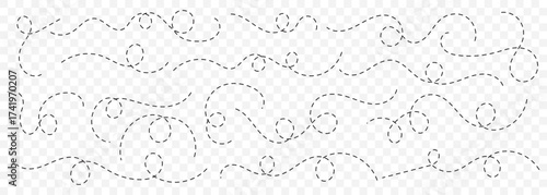 Abstract wavy squiggle dashed line collection. Dotted spiral curve line. Transport dot paths lines. Minimal squiggle divider, loopy line vector icon isolated. Thin line abstract doted swirl path. 