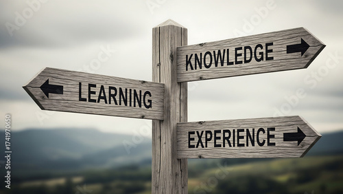 Wooden signpost pointing to learning knowledge and experience