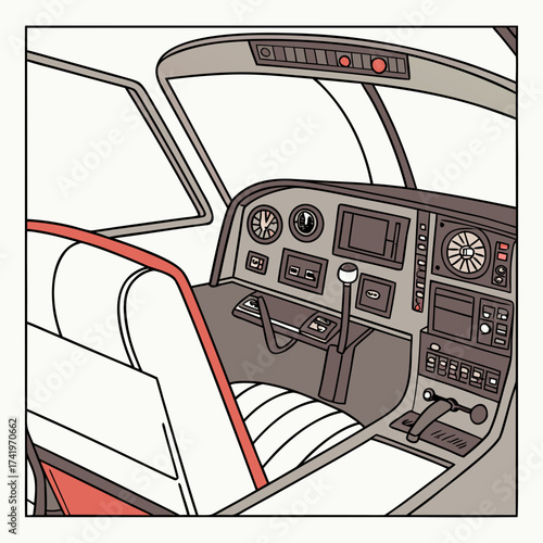 Detailed airplane cockpit interior illustration, perfect for aviation enthusiasts and educational materials about flight and aircraft operation, modern design