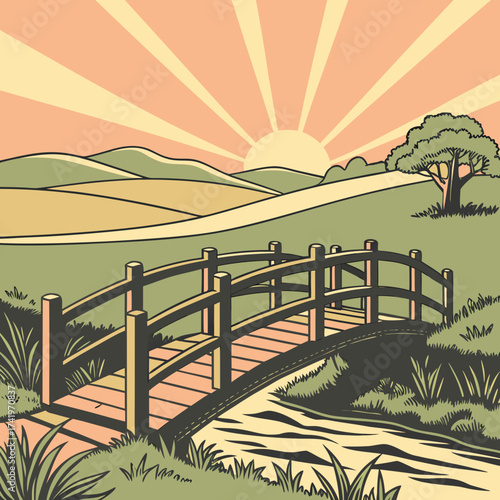 Peaceful landscape with a bridge over a stream and a rising sun, evoking tranquility and the beauty of nature, perfect for calming visuals