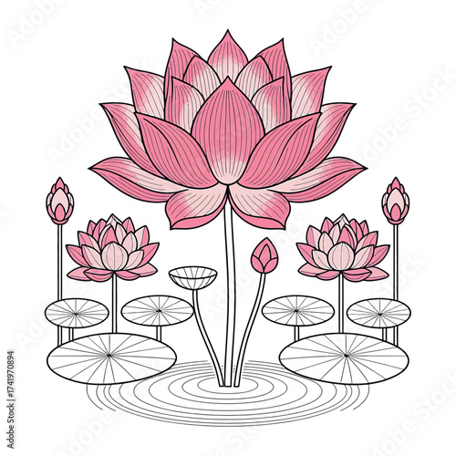 Pink lotus flowers and buds with lily pads on white background water lily bloom