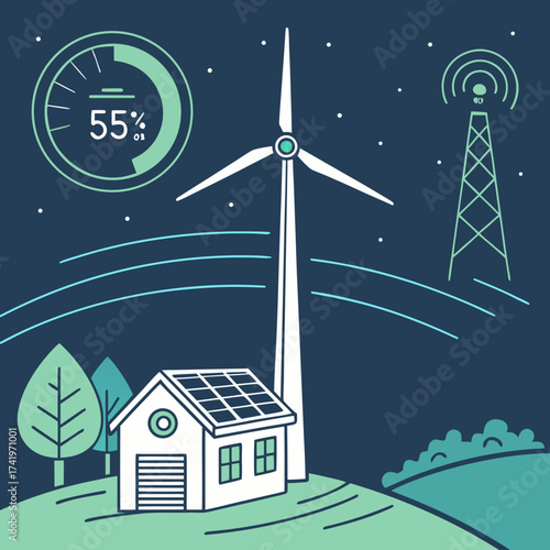 Sustainable living with wind turbine, solar panels, and communication tower, showcasing a modern and eco-friendly lifestyle concept for green initiatives