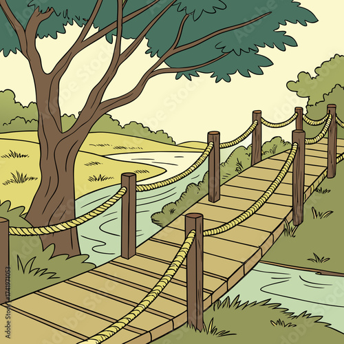 Tranquil cartoon landscape featuring a charming wooden bridge spanning a gentle stream beneath a shady tree, perfect for children's book illustration