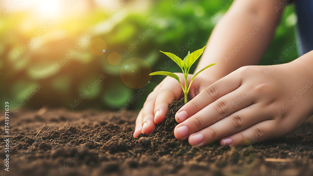 Fototapeta premium Hands planting a small green seedling in fertile soil