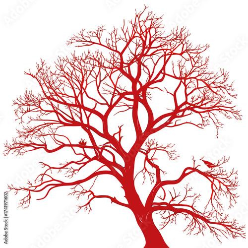 Scarlet Silhouette An Abstract Tree Illustration with Birds