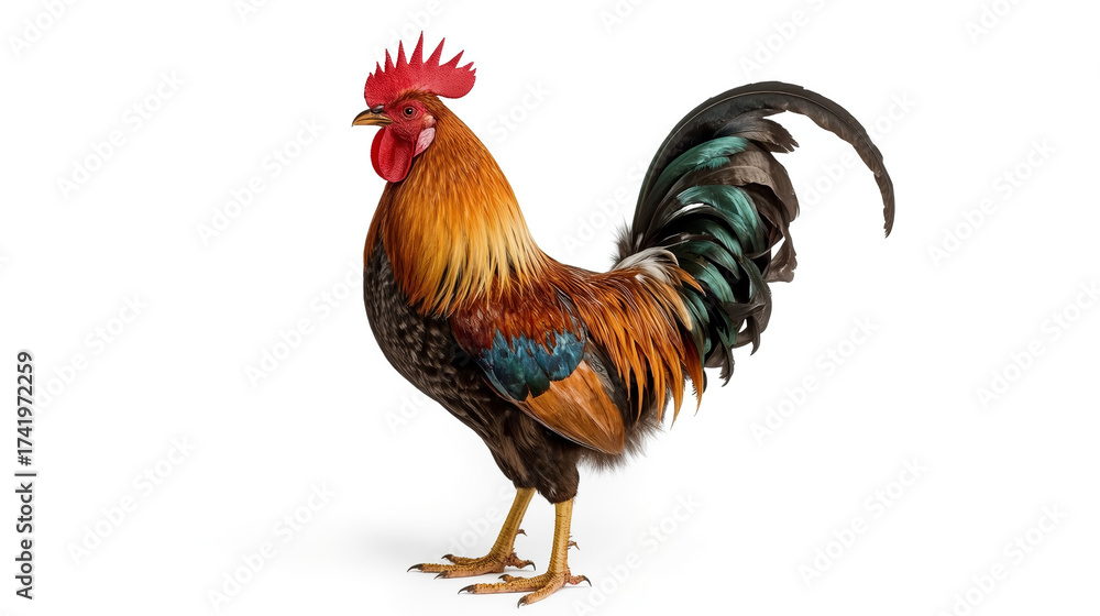 Fototapeta premium Realistic Rooster on White Background – Farm Animal Stock Photo