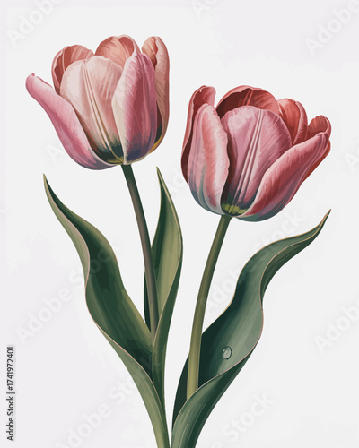 Two soft pink tulips with green leaves and a water droplet on a white background flower