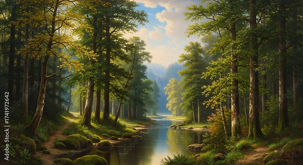 Obraz premium Lush forest scene with river flowing, a calm and tranquil woodland view