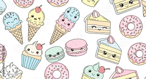 Kawaii Pastel Desserts Seamless Pattern. Adorable Ice Cream, Donuts, Cupcakes, Macarons, and Cake Slices.