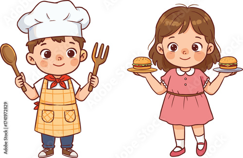 Cute cartoon boy chef and girl holding burgers, kids cooking and serving food, adorable characters for culinary and food themes