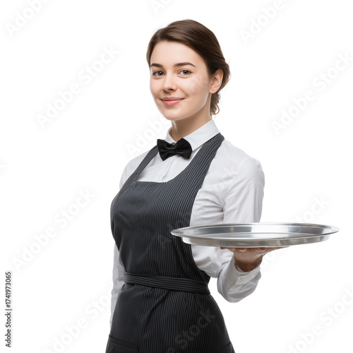 Woman arm in waiter uniform holding tray isolated on transparent background, Clipart png