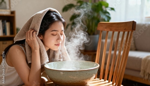 Young woman doing steam inhalation at home to soothe and open nasal passages
