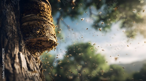 A view showcases a beehive nestled in a tree, with many bees buzzing around in the surrounding environment, emphasizing their natural habitat, with a focus on the colony and natural life.