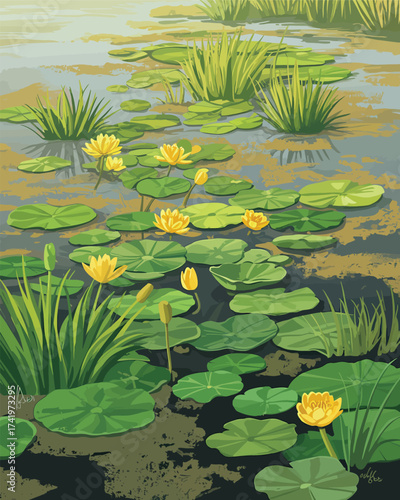 Yellow water lilies and lush green foliage in a serene marsh landscape yellow water lily lotus