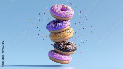 Stack of colorful donuts with sprinkles in mid-air.