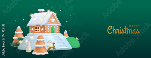 Merry Christmas and Happy New Year banner with 3d gingerbread house, Christmas tree and string of lights on green background. Vector illustration