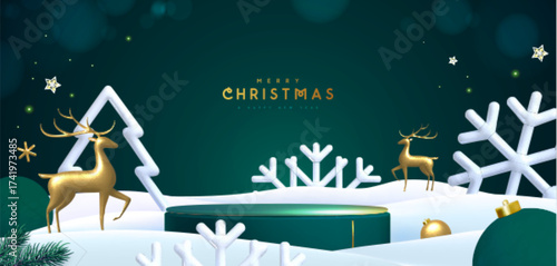 Christmas holiday snowcase background with 3d podium, snow, plastic snowflakes and golden deer statuettes on green background. Vector illustration