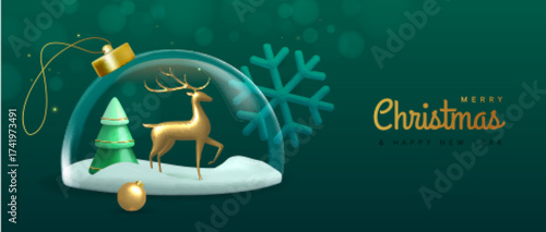 Merry Christmas and Happy New Year banner with 3d glass ball, Christmas tree and golden deer statuette on green background. Vector illustration