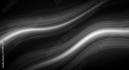 Abstract Gliding Silver Waves of Light Against a Deep Black Canvas.
