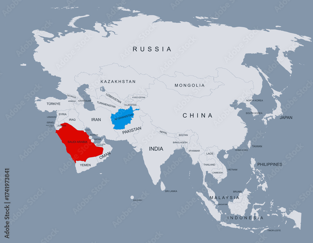 Obraz premium Saudi Arabia and Afghanistan Highlighted on Asia Map with Borders and Locations