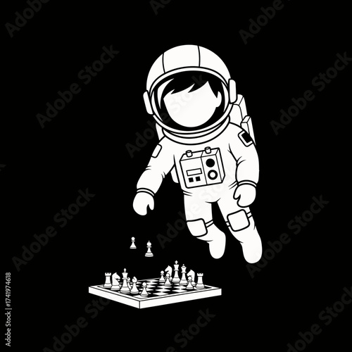 Astronaut floating in space playing chess on a chessboard.