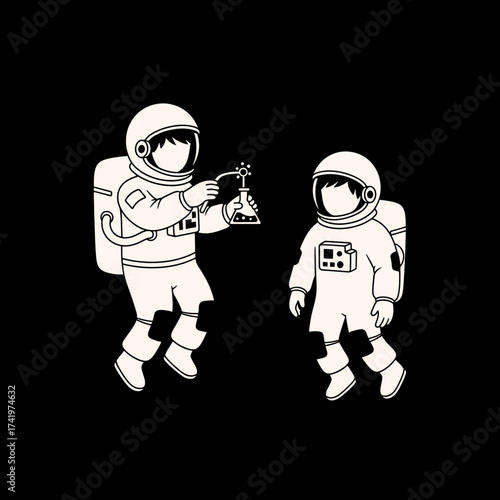 Astronauts conducting a science experiment in space with a flask.