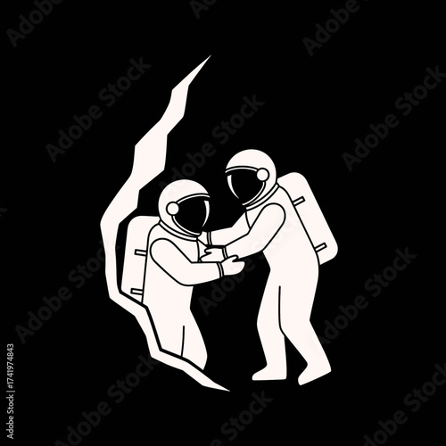 Two astronauts in space helping each other teamwork concept.