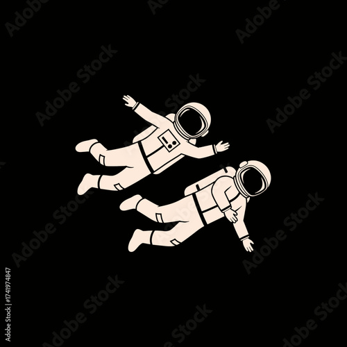 Two astronauts floating in space exploring the cosmos adventure.