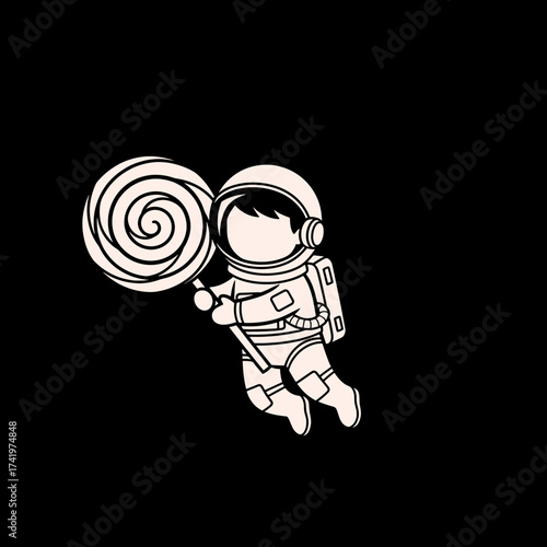 Astronaut holding a giant lollipop in space cartoon style illustration.
