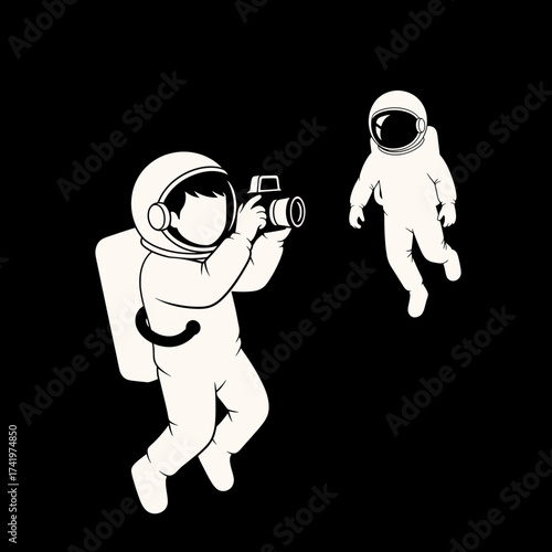 Astronaut taking a photo of another astronaut in space creative illustration.